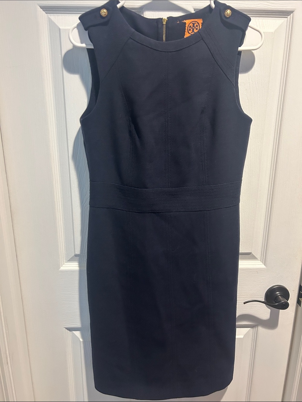 Tory Burch Navy Sleeveless Sheath Dress with Gold Button Accents